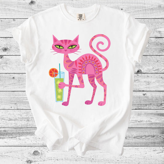 Retro Pink Cocktail Cat T-Shirt | Fun Cat Mom Gift