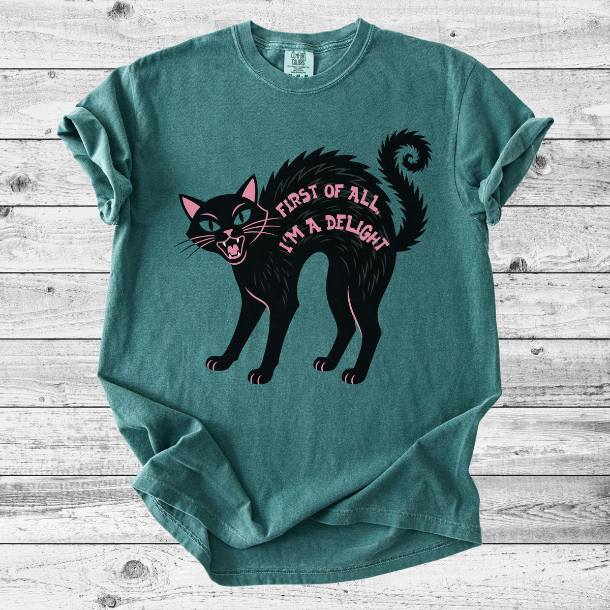 First of All, I'm a Delight Black Cat T-Shirt | Funny Cat Mom Gift