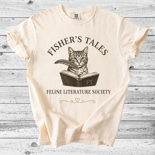 Fisher's Tales Feline Literary Society T-Shirt | Cute Cat & Book Lover Gift