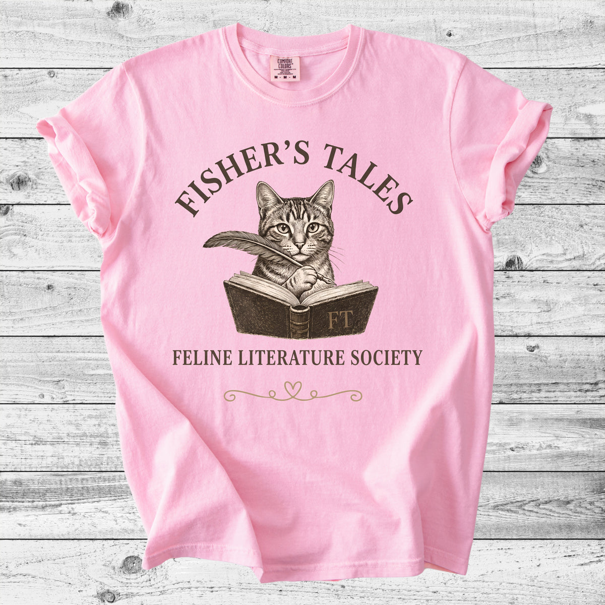 Fisher's Tales Feline Literary Society T-Shirt | Cute Cat & Book Lover Gift