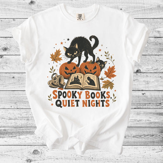 Spooky Books, Quiet Nights Cat T-Shirt | Bookish Halloween Cat Lover Gift
