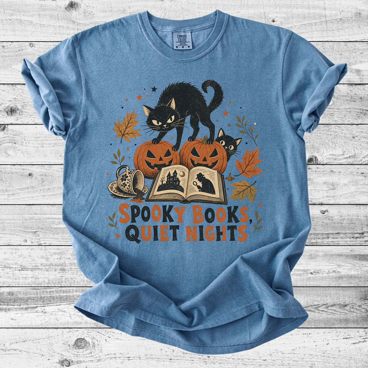 Spooky Books, Quiet Nights Cat T-Shirt | Bookish Halloween Cat Lover Gift