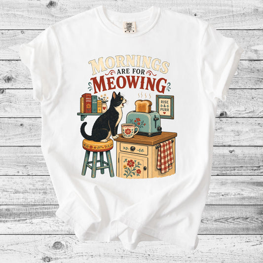 Mornings Are For Meowing T-Shirt | Retro Cat Mom Gift