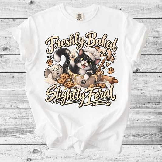 Freshly Baked & Slightly Feral Cat T-Shirt | Funny Cat Bakery Tee