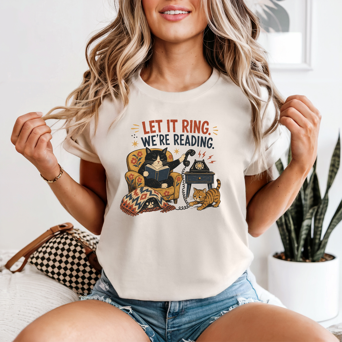 Let It Ring, We're Reading Cat & Book T-Shirt | Cozy Cat Lover Gift