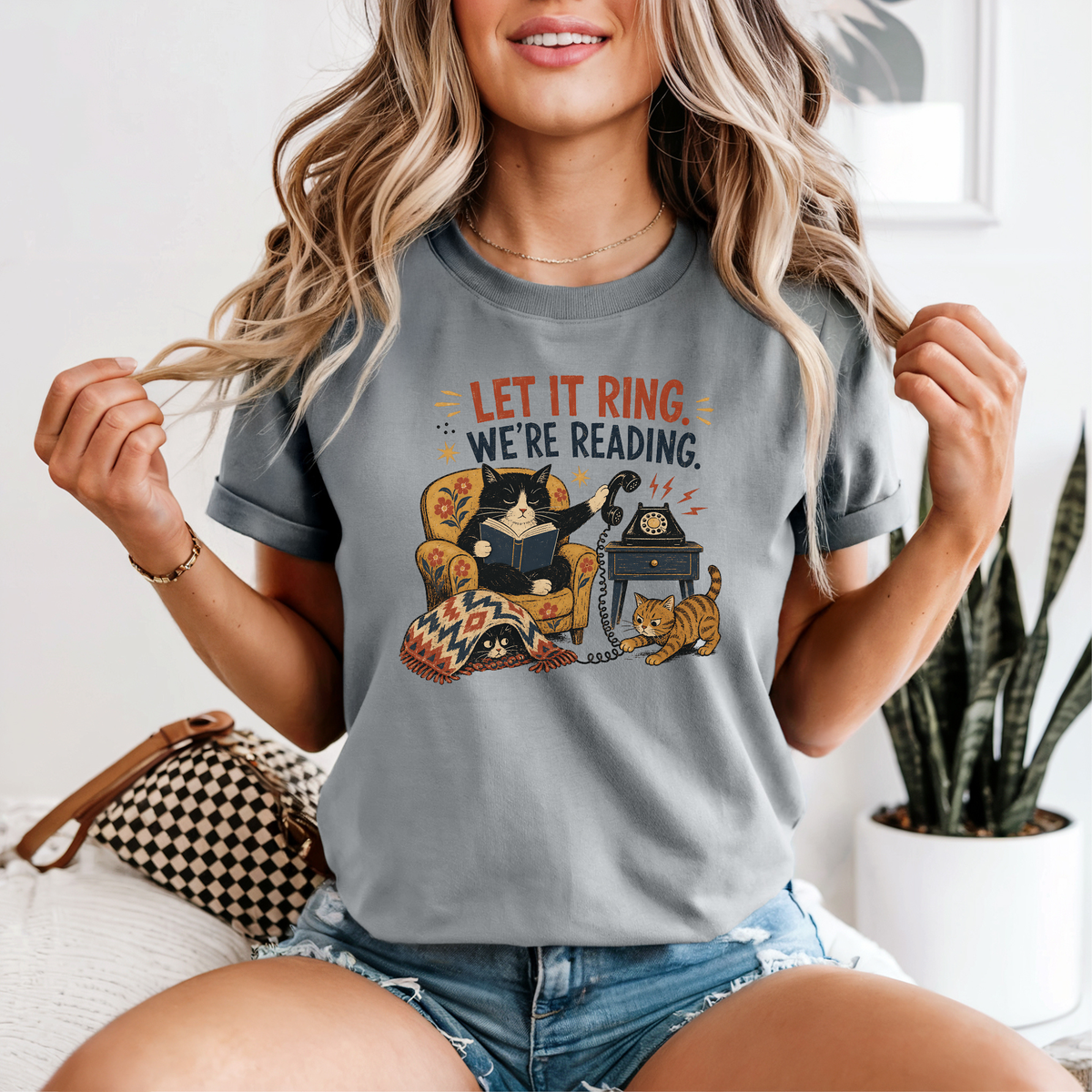 Let It Ring, We're Reading Cat & Book T-Shirt | Cozy Cat Lover Gift