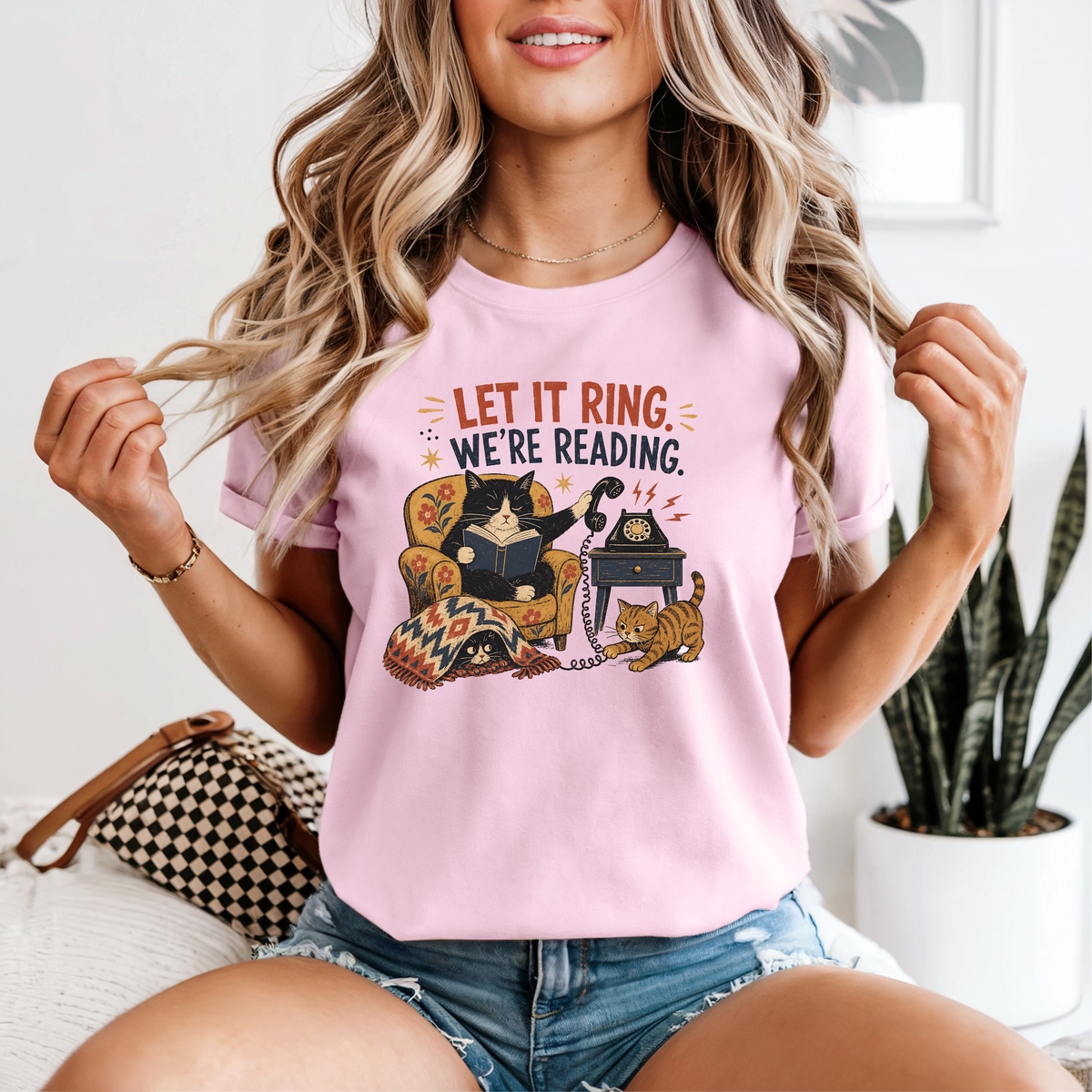 Let It Ring, We're Reading Cat & Book T-Shirt | Cozy Cat Lover Gift