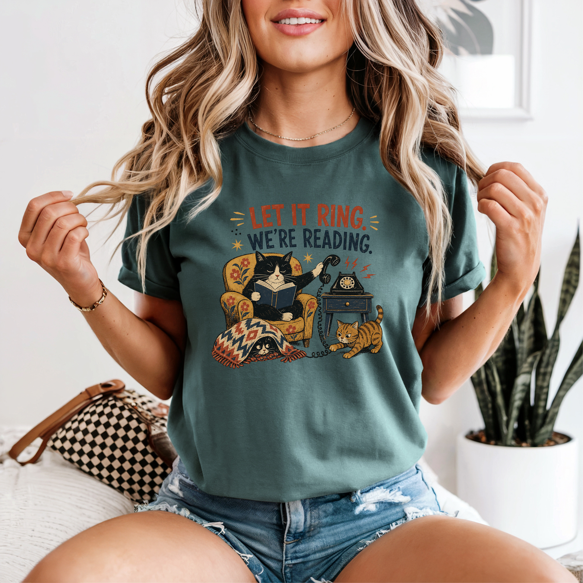 Let It Ring, We're Reading Cat & Book T-Shirt | Cozy Cat Lover Gift