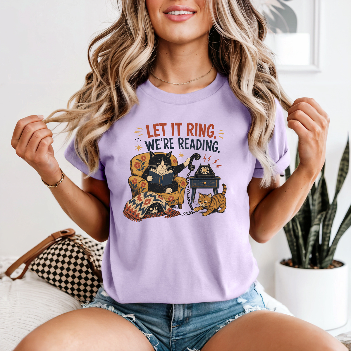 Let It Ring, We're Reading Cat & Book T-Shirt | Cozy Cat Lover Gift