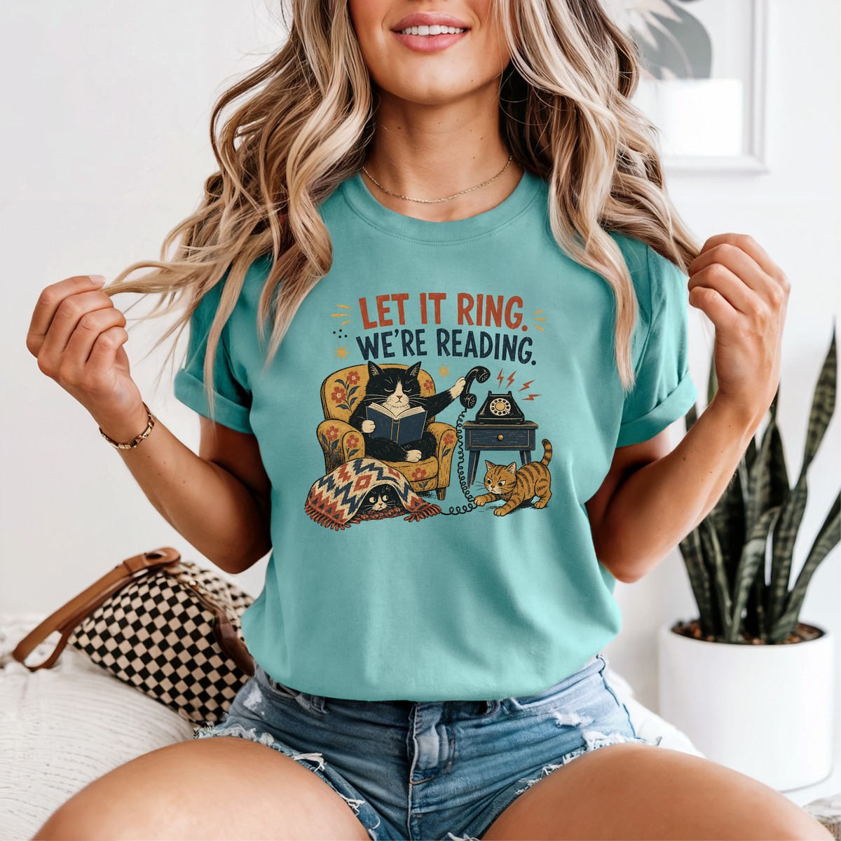 Let It Ring, We're Reading Cat & Book T-Shirt | Cozy Cat Lover Gift