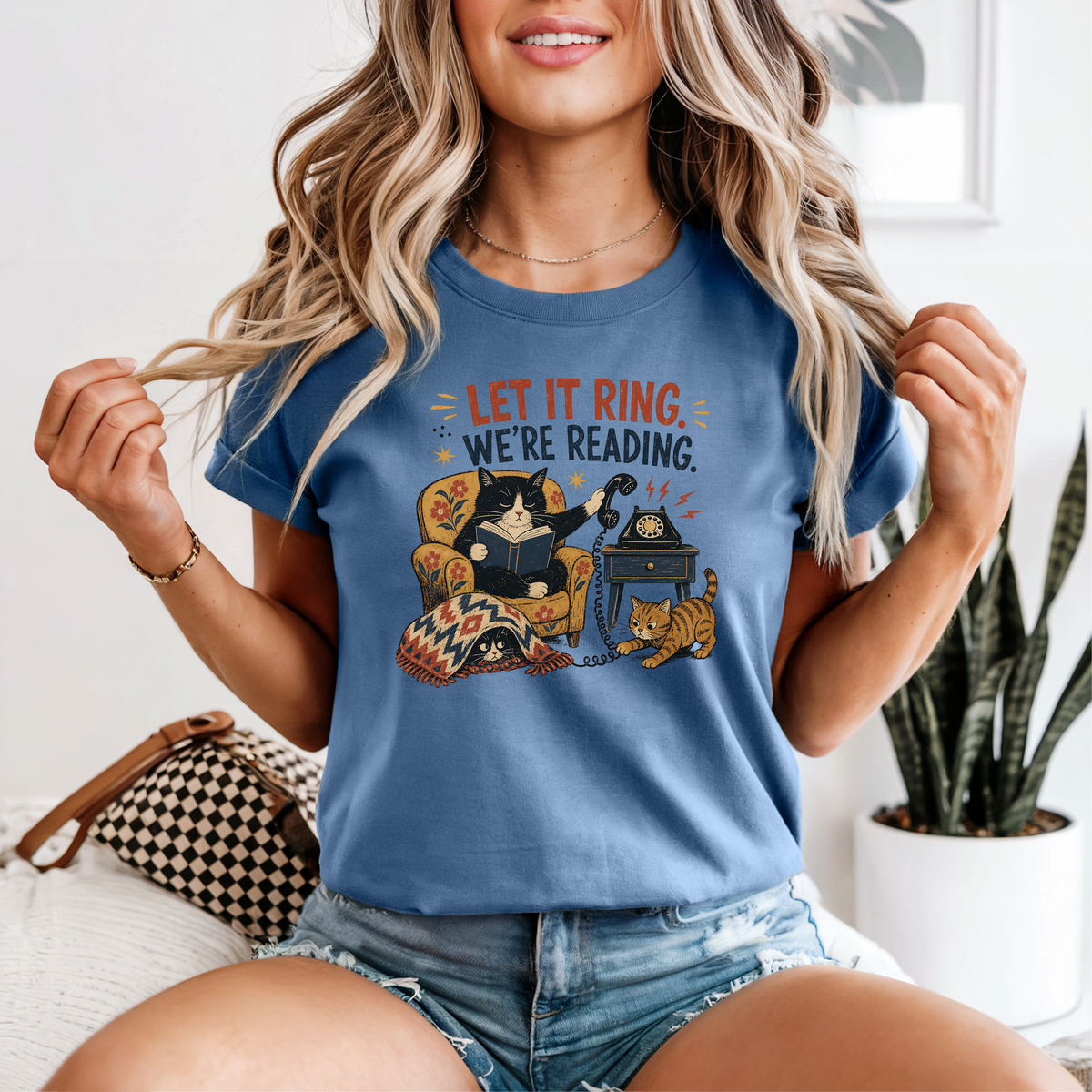 Let It Ring, We're Reading Cat & Book T-Shirt | Cozy Cat Lover Gift