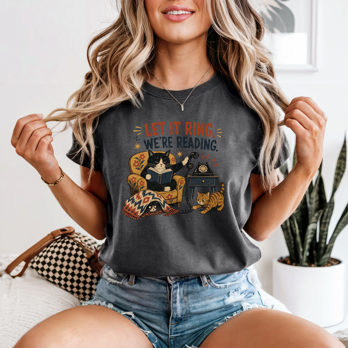 Let It Ring, We're Reading Cat & Book T-Shirt | Cozy Cat Lover Gift