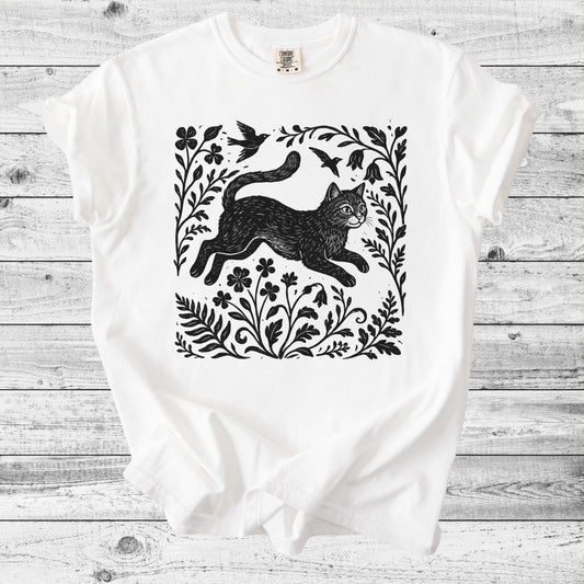 Folk Art Leaping Cat T-Shirt | Cute Cat Lover Gift