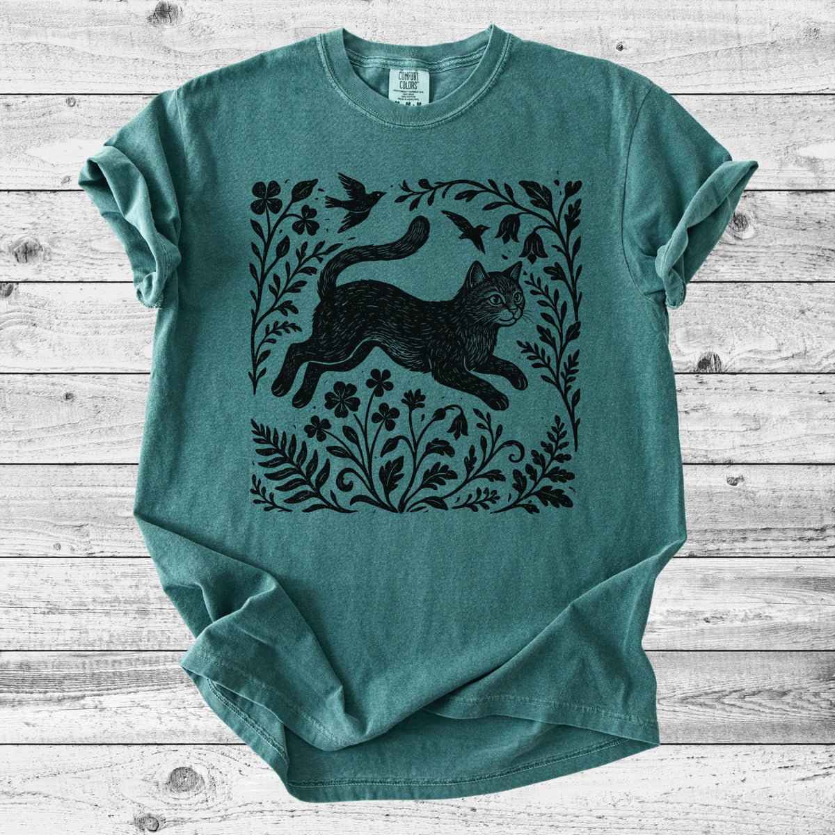 Folk Art Leaping Cat T-Shirt | Cute Cat Lover Gift