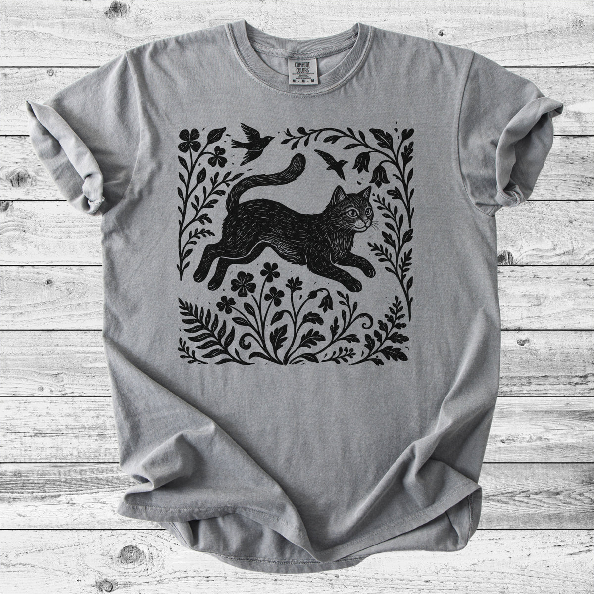 Folk Art Leaping Cat T-Shirt | Cute Cat Lover Gift