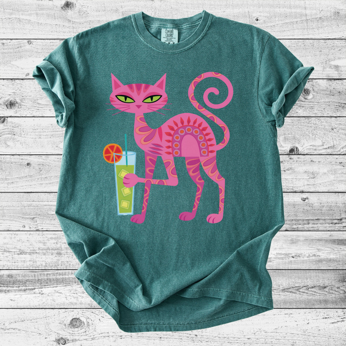 Retro Pink Cocktail Cat T-Shirt | Fun Cat Mom Gift