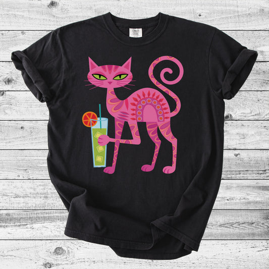 Retro Pink Cocktail Cat T-Shirt | Fun Cat Mom Gift