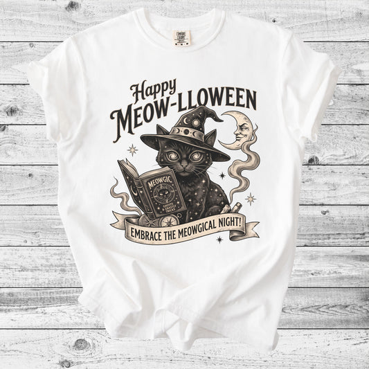 Happy Meow-lloween Cat Witch T-Shirt | Cute Halloween Cat Gift