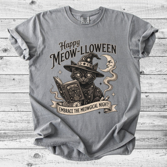 Happy Meow-lloween Cat Witch T-Shirt | Cute Halloween Cat Gift