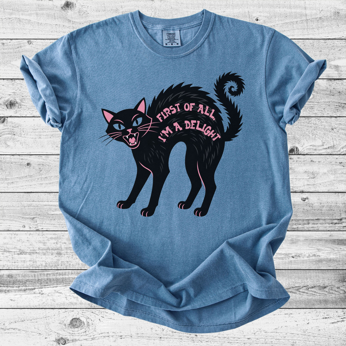 First of All, I'm a Delight Black Cat T-Shirt | Funny Cat Mom Gift