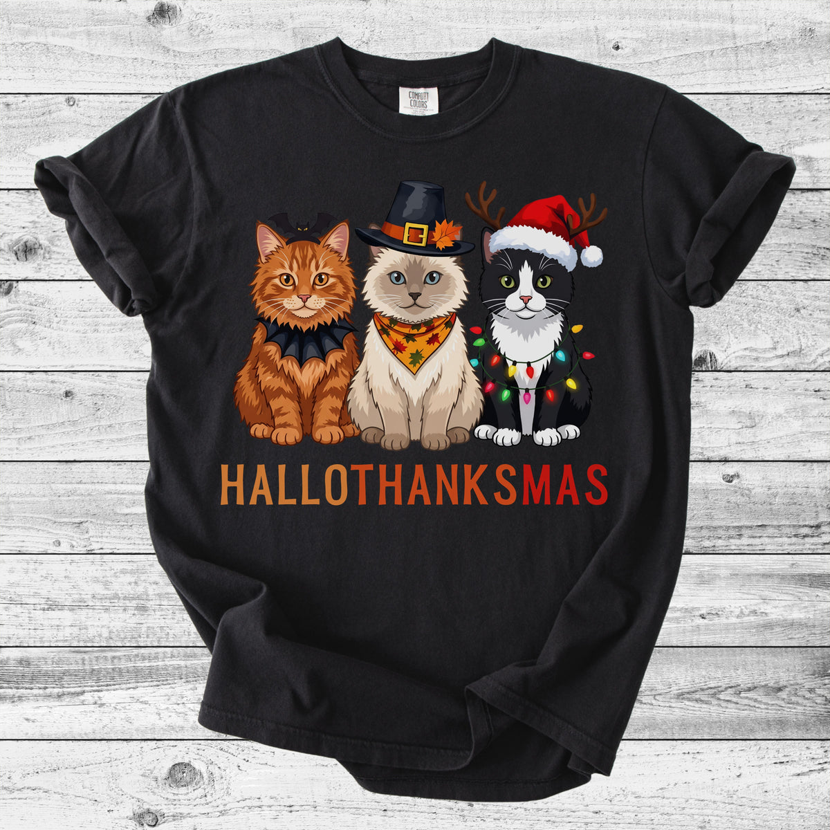 Hallothanksmas Cat T-Shirt | Funny Holiday Cat Mom Gift