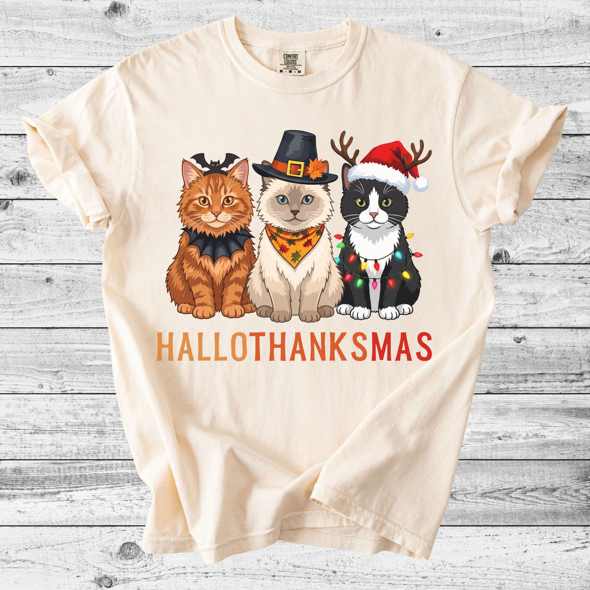Hallothanksmas Cat T-Shirt | Funny Holiday Cat Mom Gift