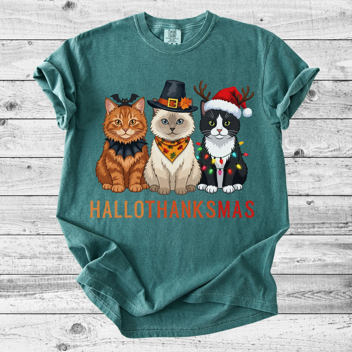 Hallothanksmas Cat T-Shirt | Funny Holiday Cat Mom Gift