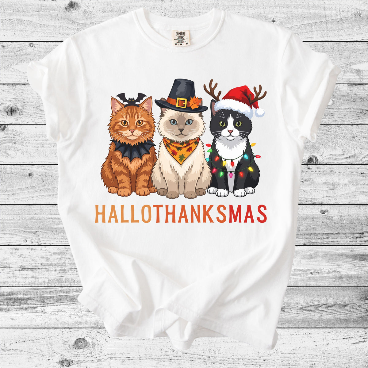 Hallothanksmas Cat T-Shirt | Funny Holiday Cat Mom Gift