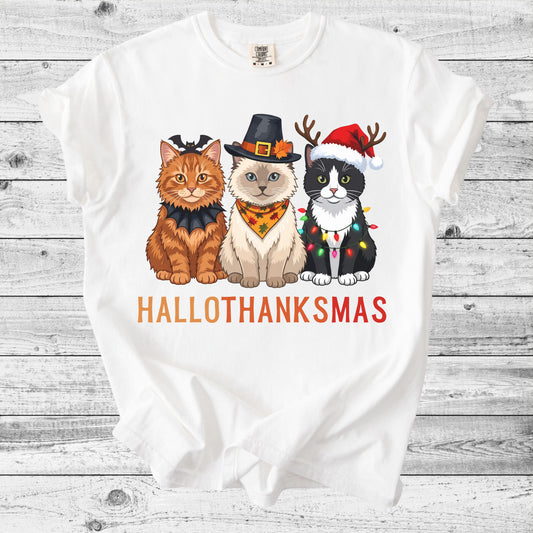 Hallothanksmas Cat T-Shirt | Funny Holiday Cat Mom Gift