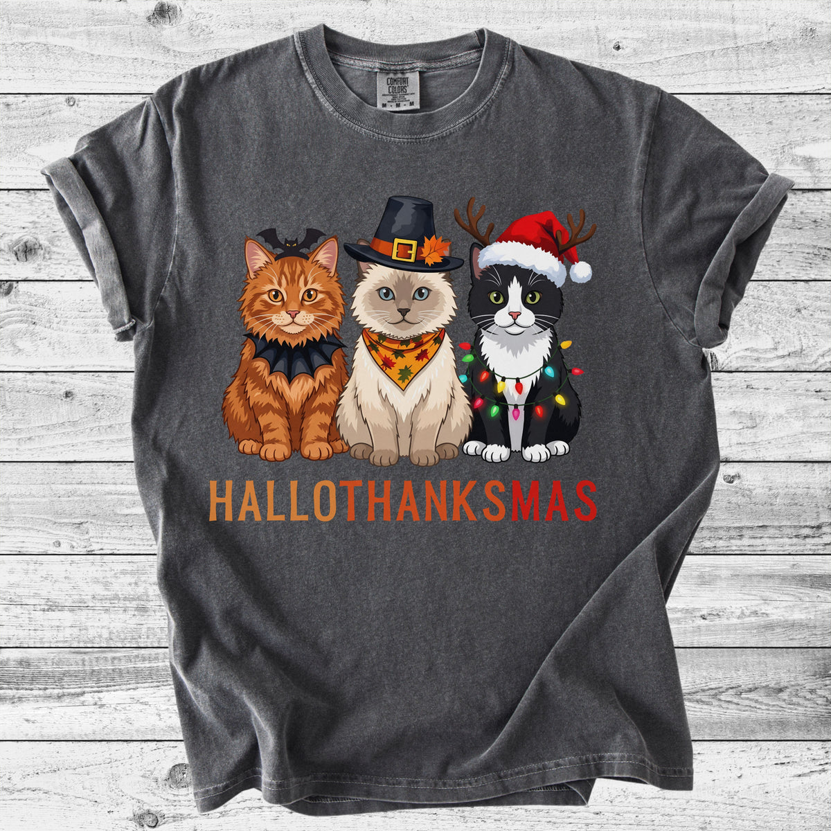 Hallothanksmas Cat T-Shirt | Funny Holiday Cat Mom Gift