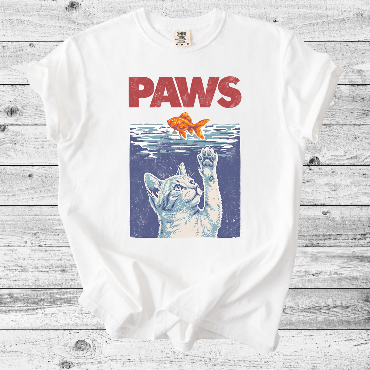 PAWS Cat & Goldfish T-Shirt | Funny Retro Cat Lover Gift