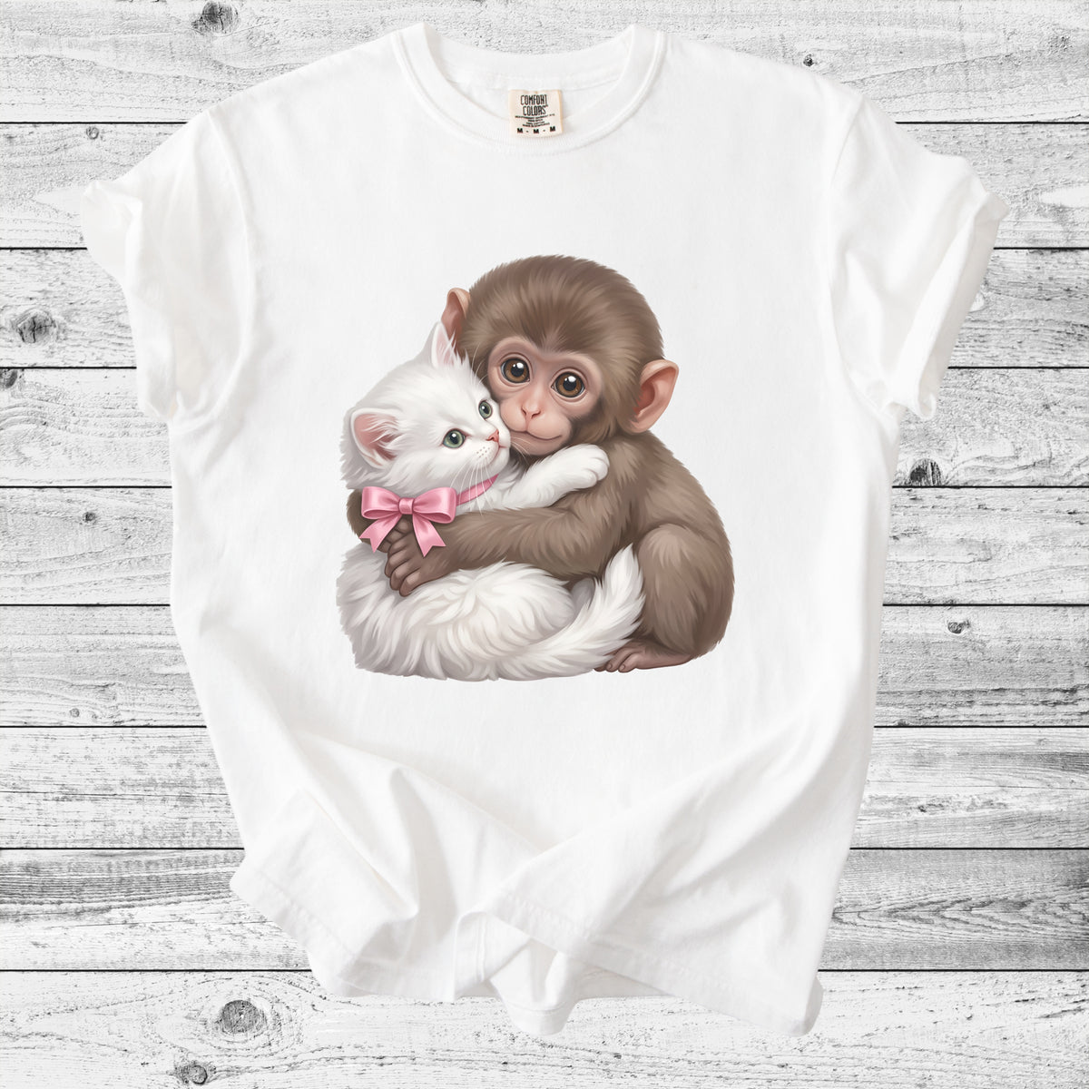 Baby Monkey Punch Hugging Kitten T-Shirt | Sweet Animal Lover Gift