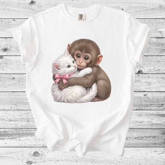Baby Monkey Punch Hugging Kitten T-Shirt | Sweet Animal Lover Gift