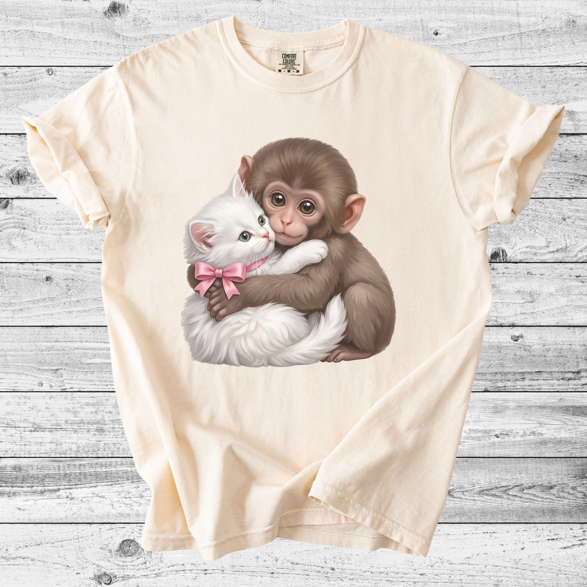 Baby Monkey Punch Hugging Kitten T-Shirt | Sweet Animal Lover Gift