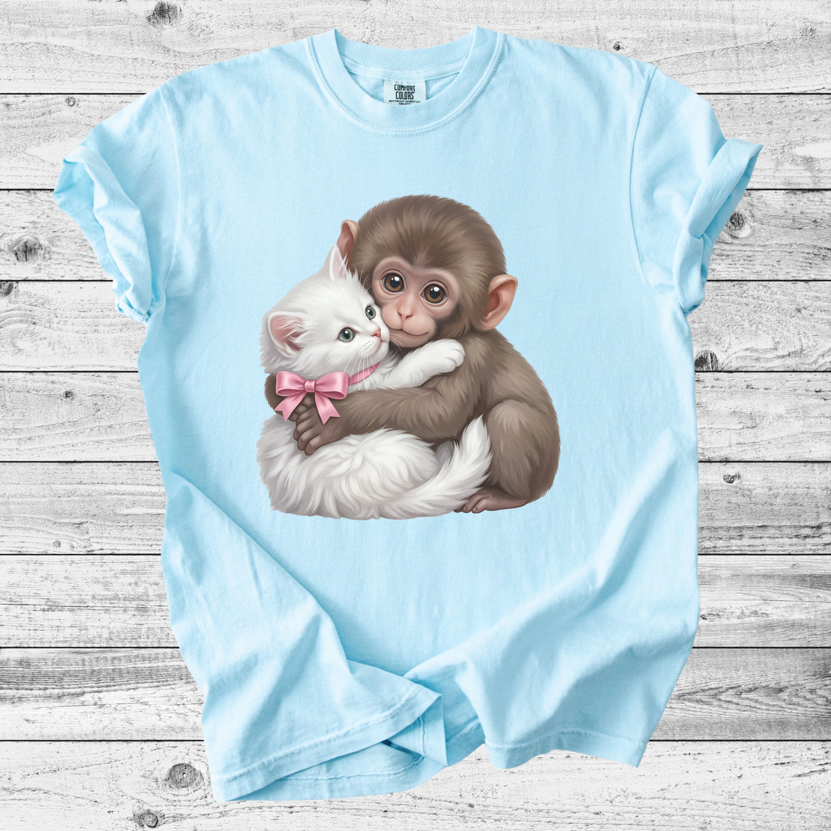 Baby Monkey Punch Hugging Kitten T-Shirt | Sweet Animal Lover Gift