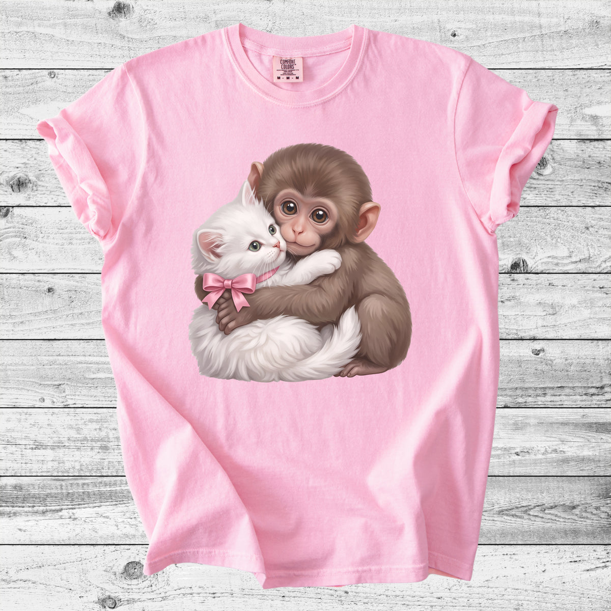Baby Monkey Punch Hugging Kitten T-Shirt | Sweet Animal Lover Gift