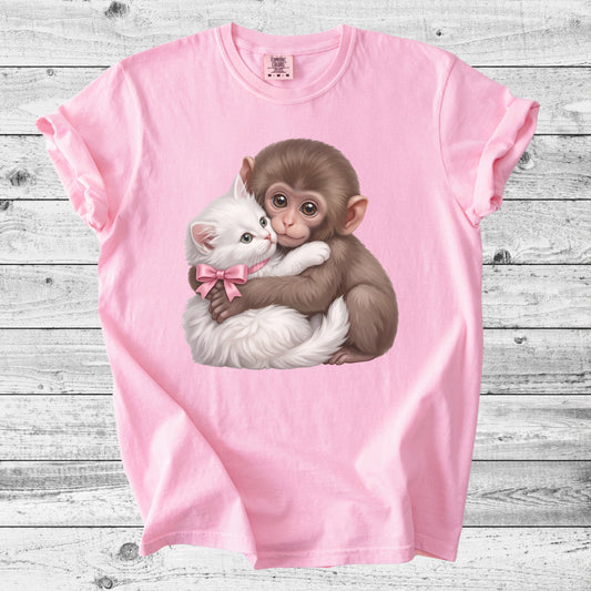 Baby Monkey Punch Hugging Kitten T-Shirt | Sweet Animal Lover Gift