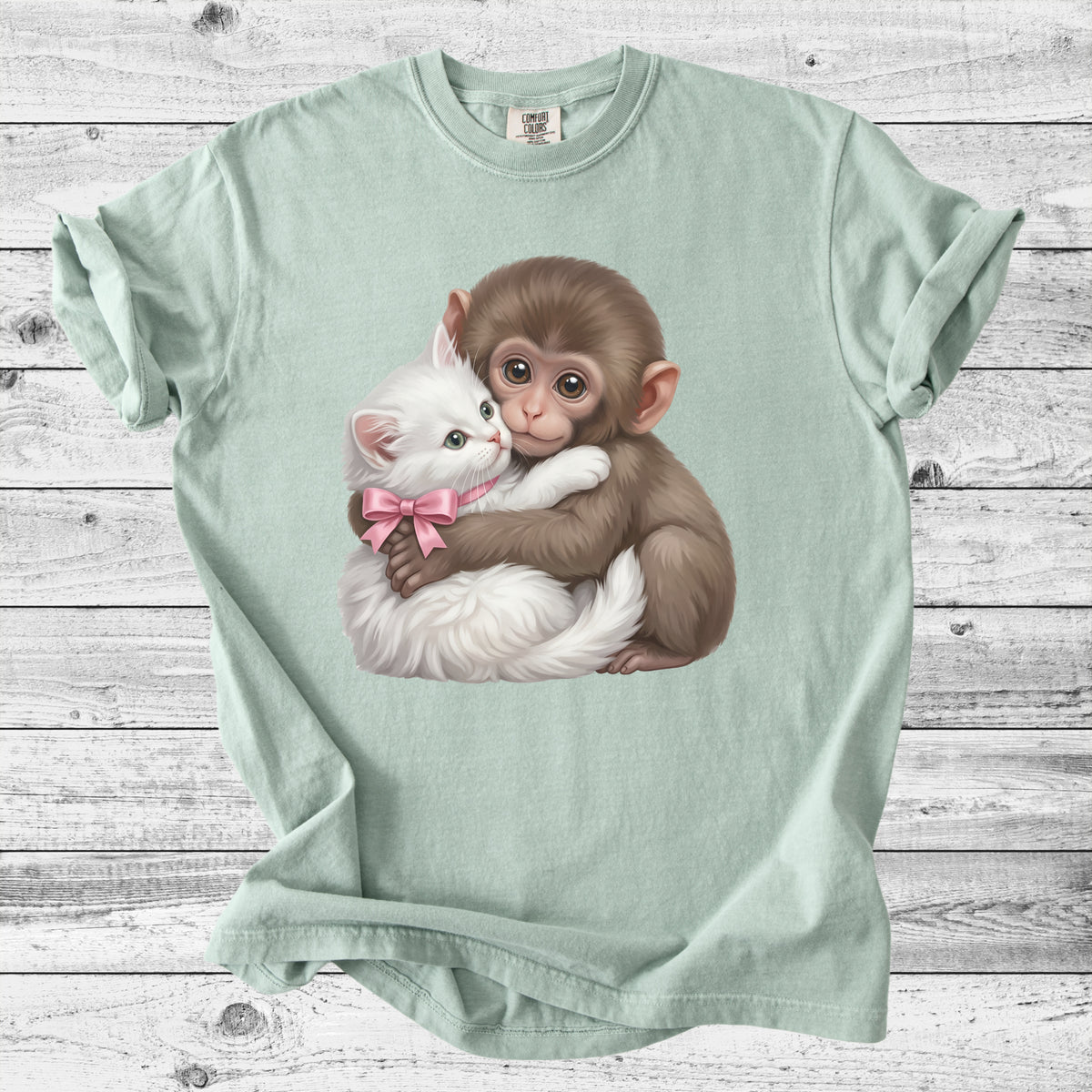 Baby Monkey Punch Hugging Kitten T-Shirt | Sweet Animal Lover Gift