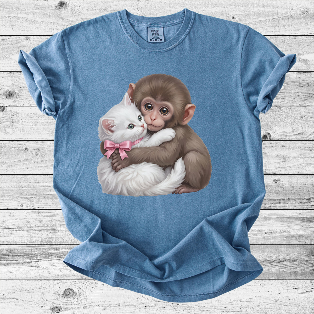 Baby Monkey Punch Hugging Kitten T-Shirt | Sweet Animal Lover Gift