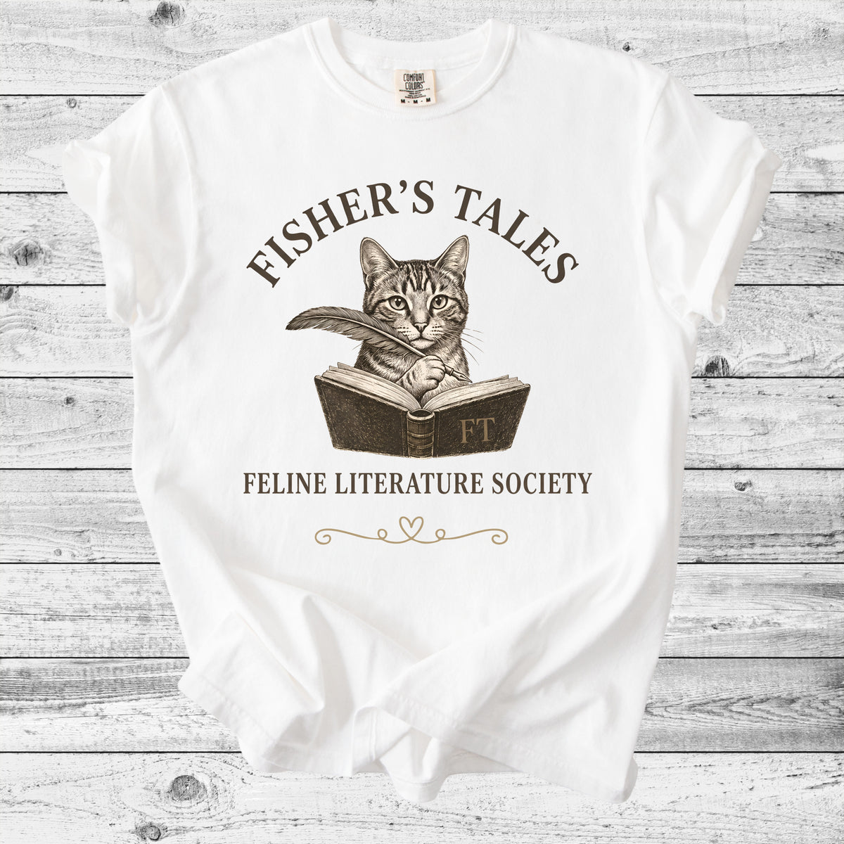 Fisher's Tales Feline Literary Society T-Shirt | Cute Cat & Book Lover Gift