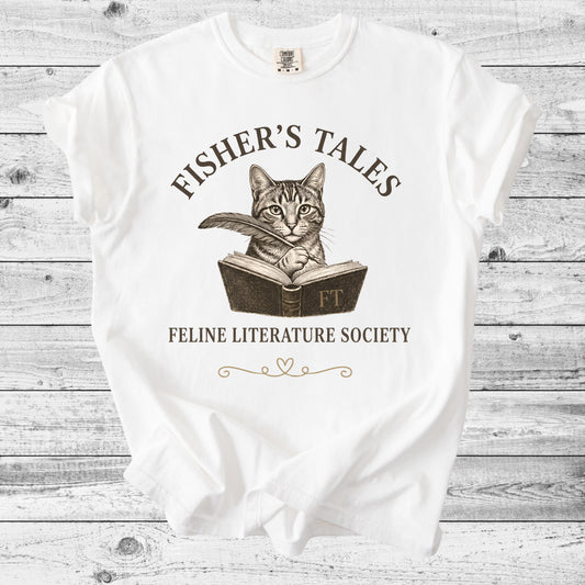 Fisher's Tales Feline Literary Society T-Shirt | Cute Cat & Book Lover Gift