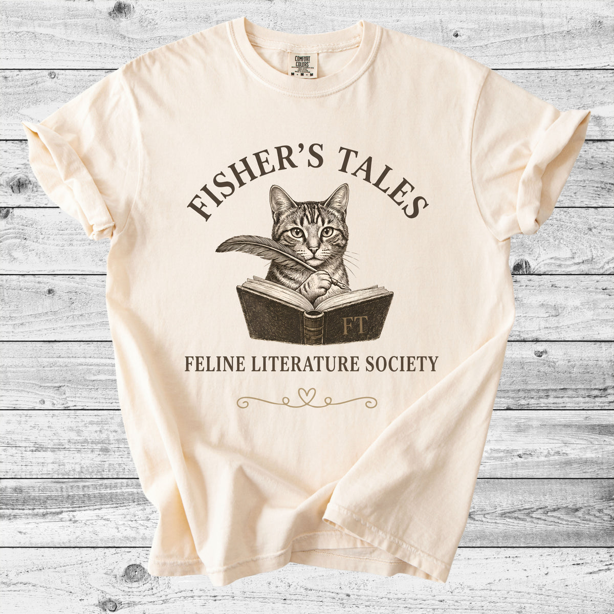 Fisher's Tales Feline Literary Society T-Shirt | Cute Cat & Book Lover Gift