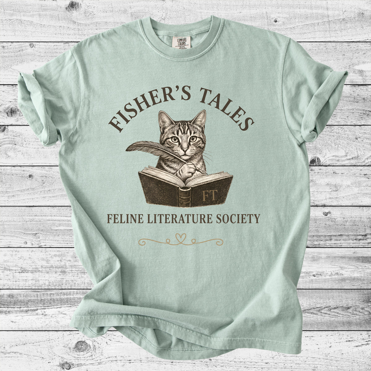 Fisher's Tales Feline Literary Society T-Shirt | Cute Cat & Book Lover Gift