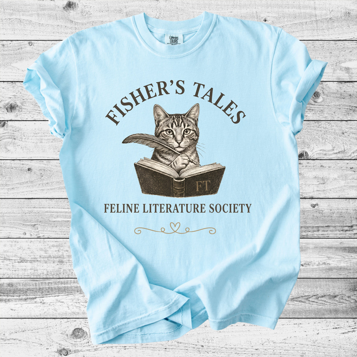 Fisher's Tales Feline Literary Society T-Shirt | Cute Cat & Book Lover Gift