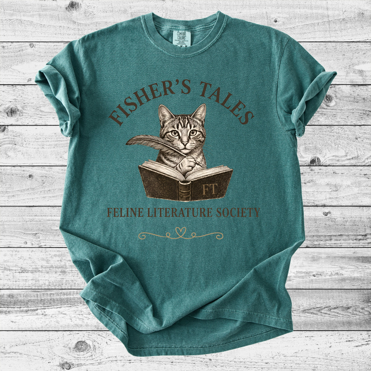 Fisher's Tales Feline Literary Society T-Shirt | Cute Cat & Book Lover Gift