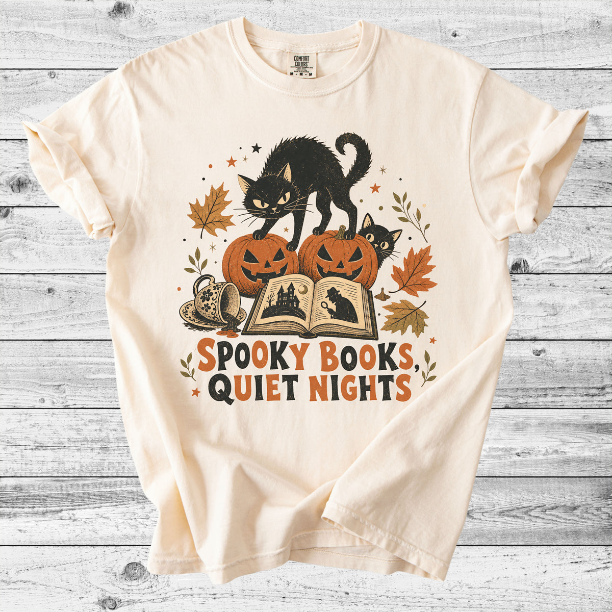 Spooky Books, Quiet Nights Cat T-Shirt | Bookish Halloween Cat Lover Gift