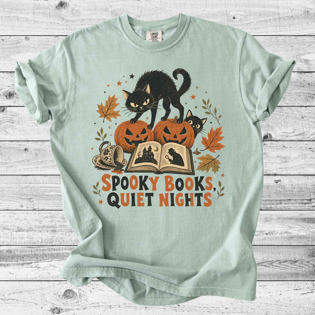 Spooky Books, Quiet Nights Cat T-Shirt | Bookish Halloween Cat Lover Gift