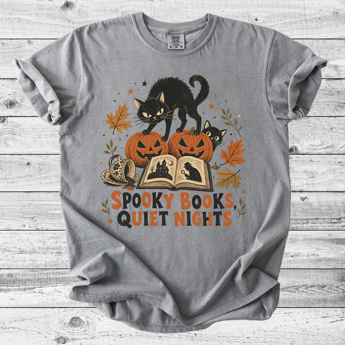Spooky Books, Quiet Nights Cat T-Shirt | Bookish Halloween Cat Lover Gift