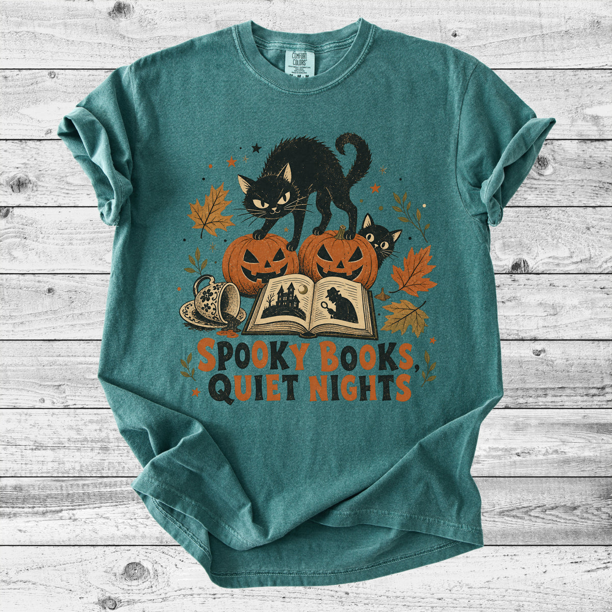 Spooky Books, Quiet Nights Cat T-Shirt | Bookish Halloween Cat Lover Gift