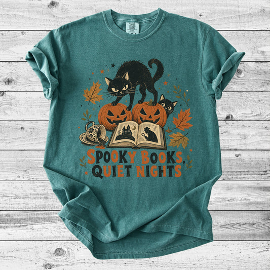 Spooky Books, Quiet Nights Cat T-Shirt | Bookish Halloween Cat Lover Gift